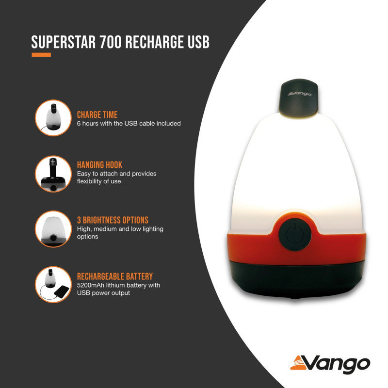 Фонарь кемпинговый Vango Superstar 700 Recharge USB Orange (ACSLANTRN3KTW37)