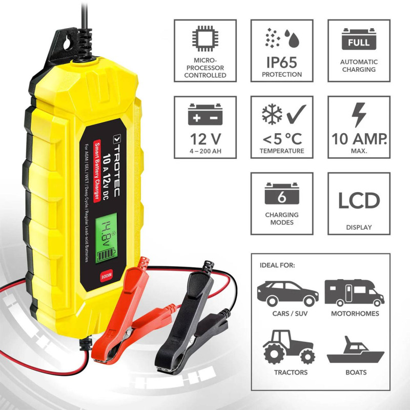 Зарядний пристрій для автомобільного акумулятора Trotec PBCS 10A, 12V, 4-200Ah (4675000015)