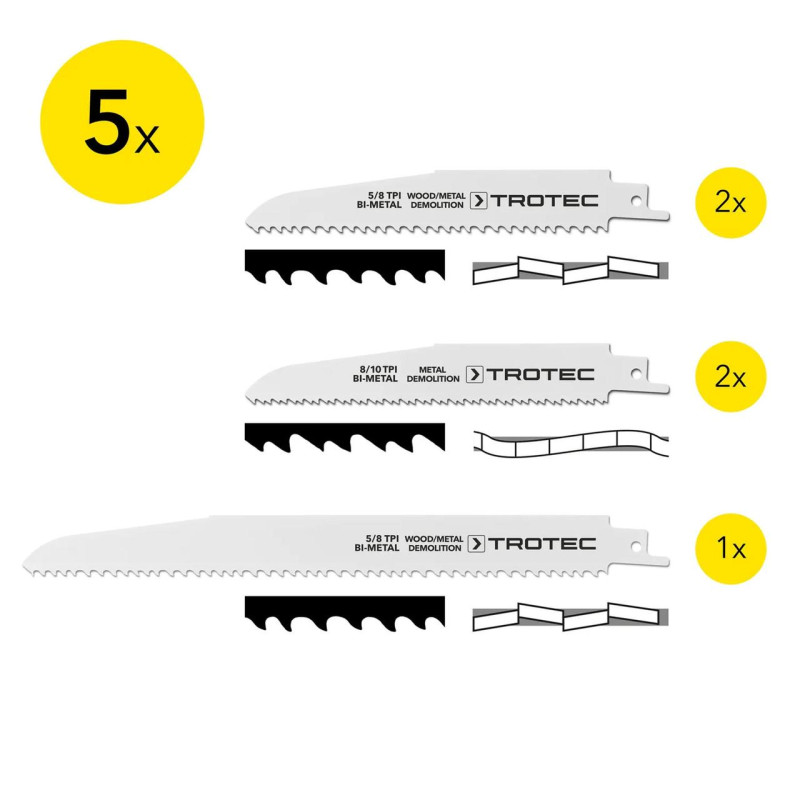 Набор пилочных полотен для пилы сабельной Trotec 5 pieces Wood/Metal Set (6215001201)