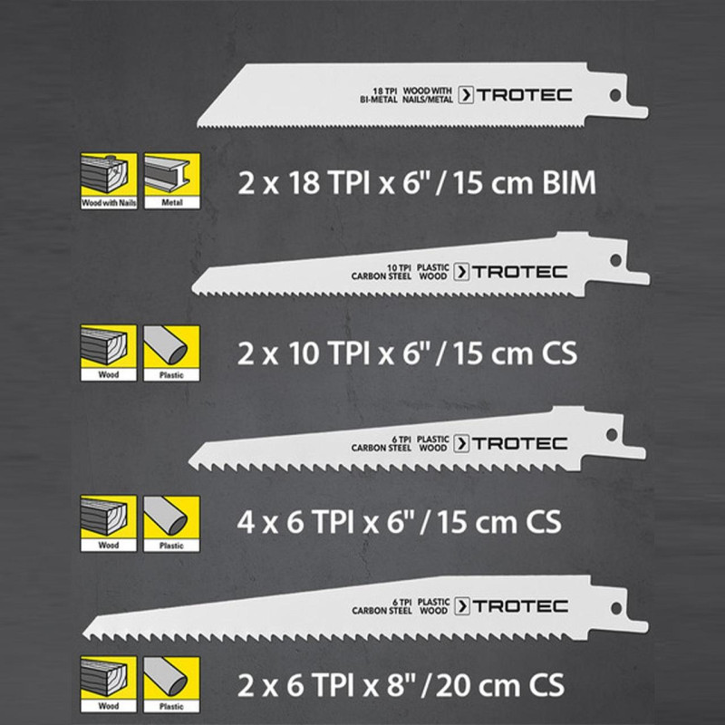 Набір пиляльних полотен для пили шабельної Trotec 10 pieces Wood/Metal/Plastic Set (6215001205)